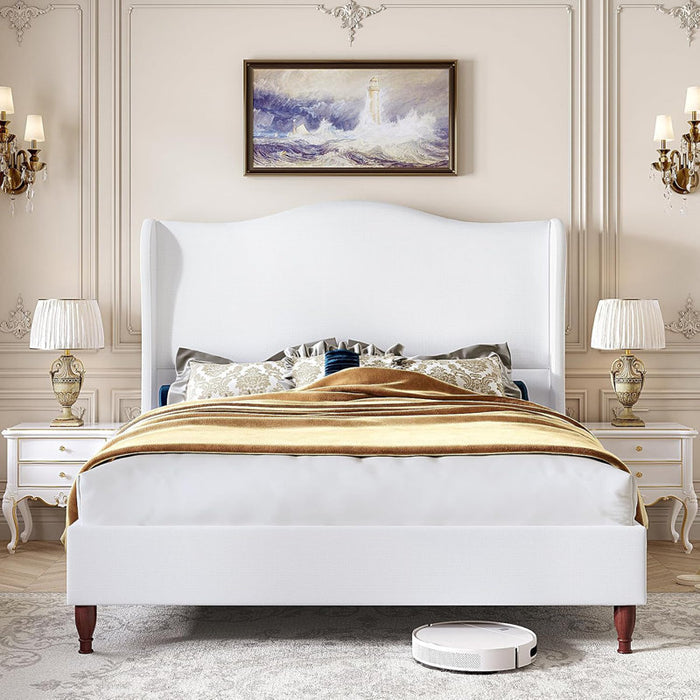 Wingback Platform Bed with White Headboard King Size