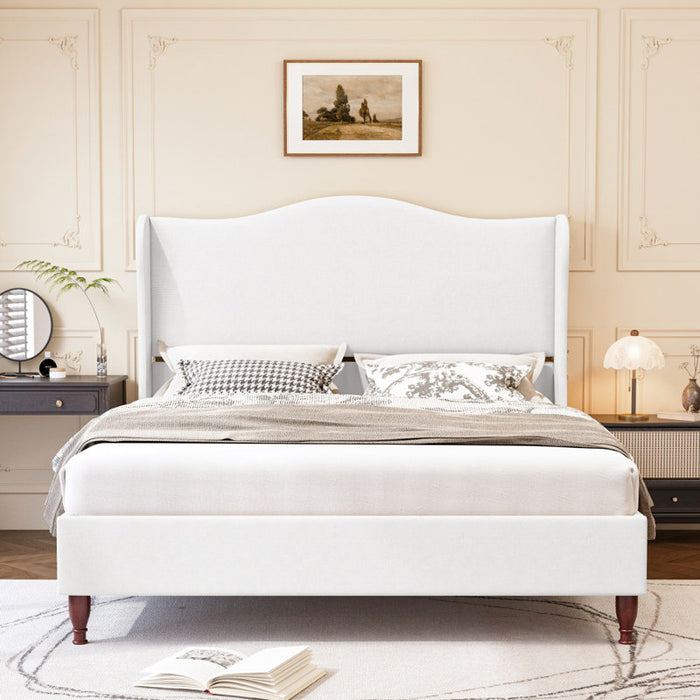 Wingback Platform Bed with White Headboard King Size