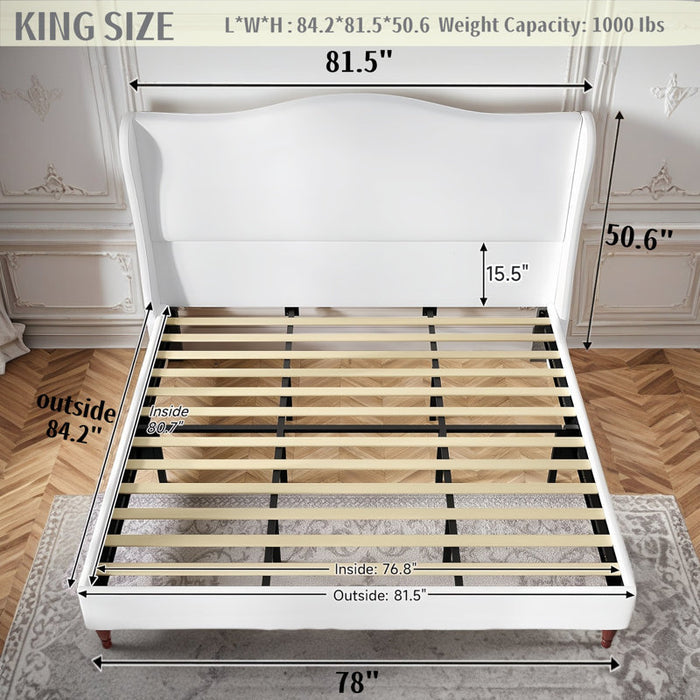 Wingback Platform Bed with White Headboard King Size