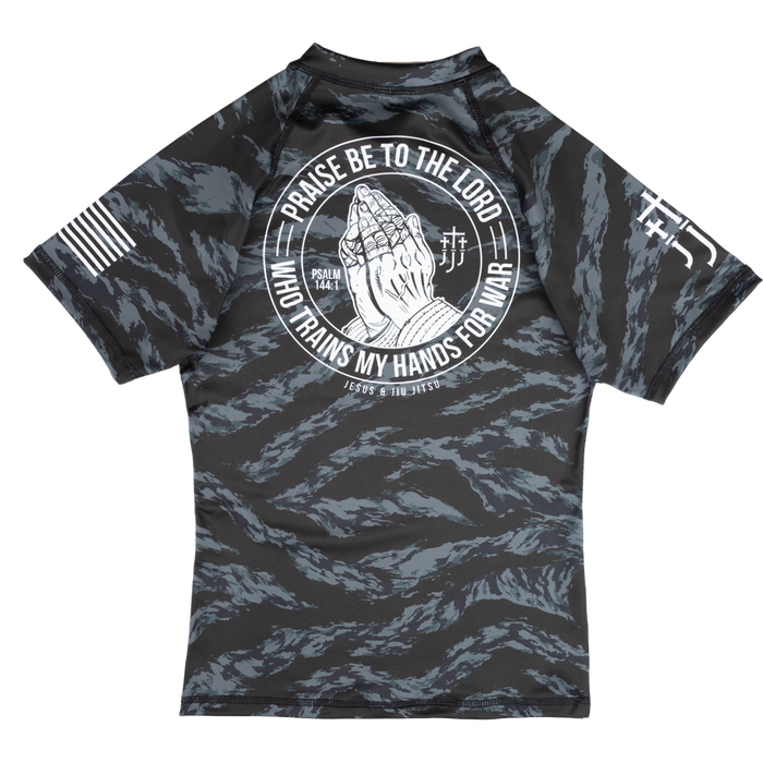 Rear view of ladies rashguard showing Praying hands graphic
