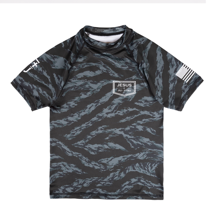 Black camo ladies rashguard with JJJ logo on left chest