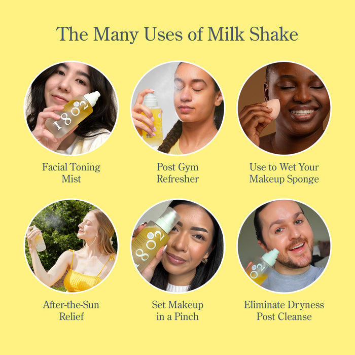 Six women show ways to use the BOOtiful Skin Bundle’s facial toner mist: for toning, post-gym refresh, wetting a makeup sponge, after-sun relief, setting makeup, and soothing dryness. Text explains each use in this Halloween skincare bundle.