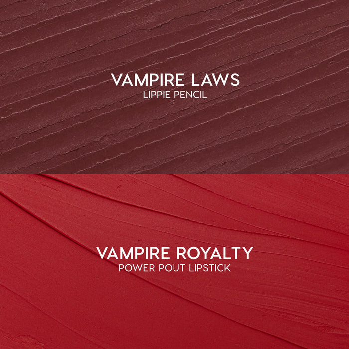 ColourPop Power Pout Lipstick swatch in Vampire Royalty sweeps in velvety red strokes, shown with the matching Vampire Laws Lippie Pencil swatch above as the You Can't Trust Vampires kit, highlighting bold, creamy color payoff.