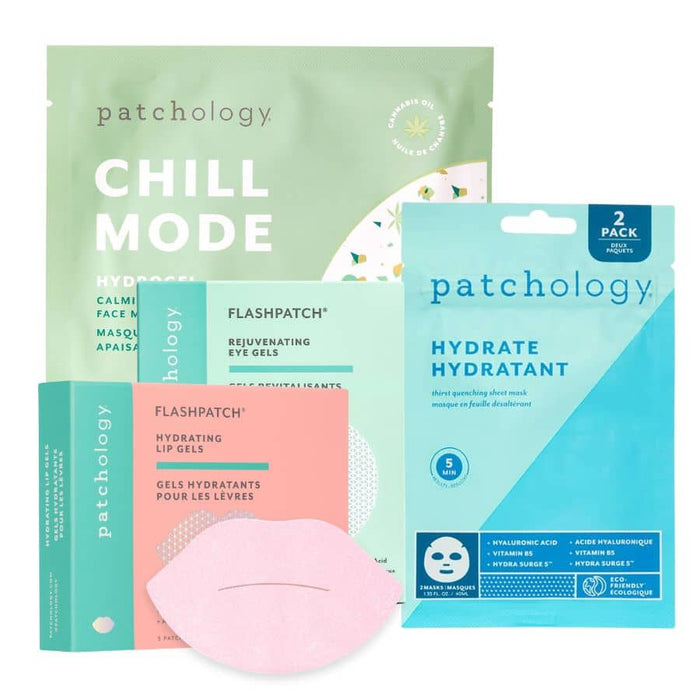 Collection of Patchology skincare products including face mask, eye gels, and lip gels on a white background.